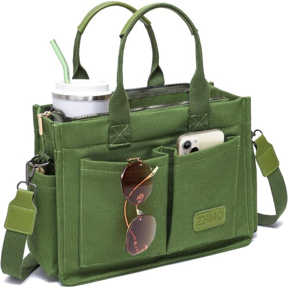 Women's Army Green Canvas Tote Bag Bags CrossbodyWork Laptop Tote Bag Large